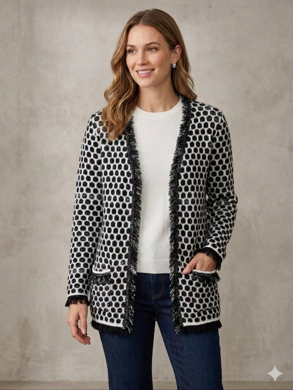 KEREN HART Cardigan, Black and White with Fringe Detail, Size Medium